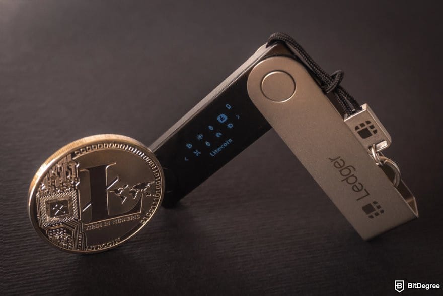Ledger Nano X review: a Ledger Nano X and a LTC coin.