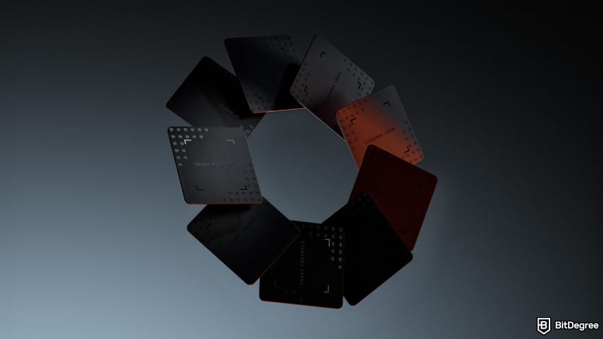 Ledger Recovery Key review: a circle of Ledger Recovery Key cards arranged in a ring formation.