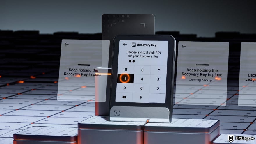 Ledger Recovery Key review: a Ledger device showing the PIN setup screen.
