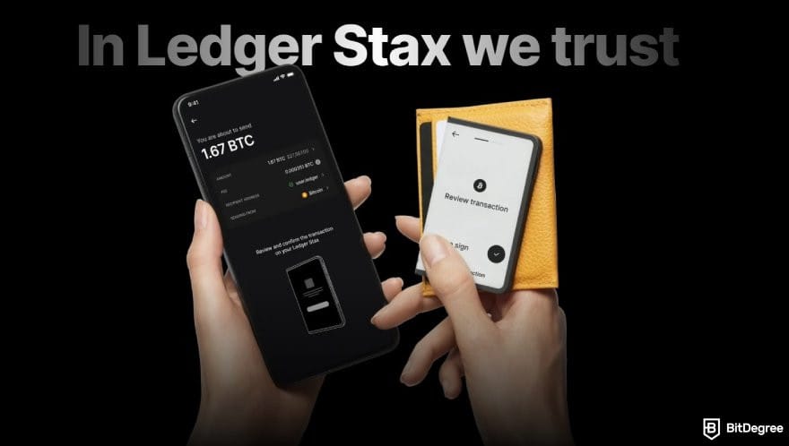 Ledger Stax review: hands holding a Ledger Stax device and a mobile phone.