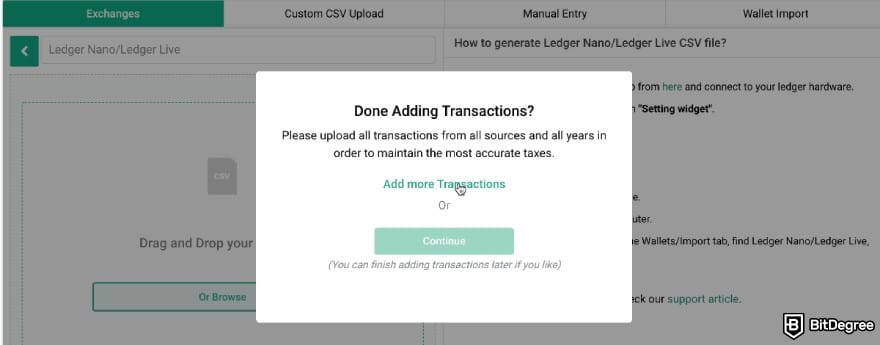 Ledger taxes: the button to [Add more Transactions].