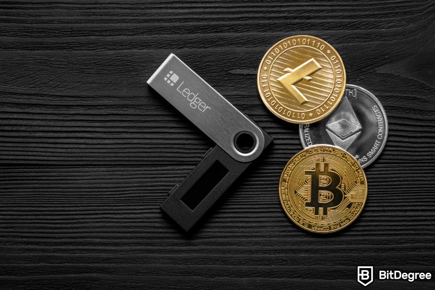 Lido staking: a Ledger hardware wallet with three cryptocurrency coins.