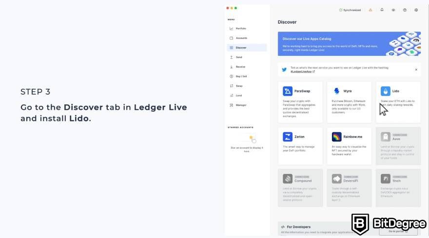 Lido staking: install Lido on Ledger Live app.