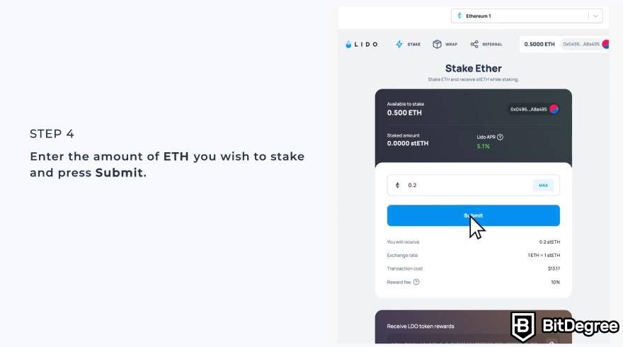 Lido staking: enter the amount Ethereum you want to stake.