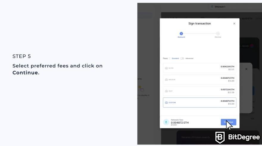 Lido staking: select the preferred fees.