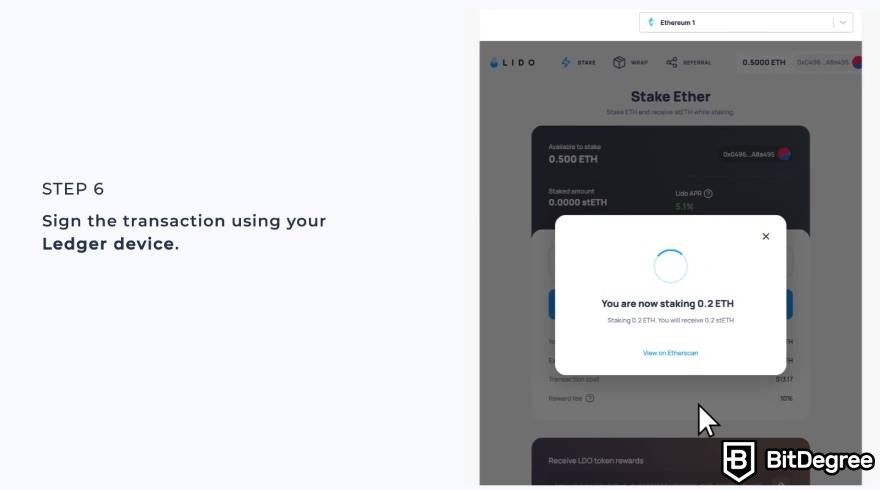 Lido staking: sign the transaction using Ledger device.