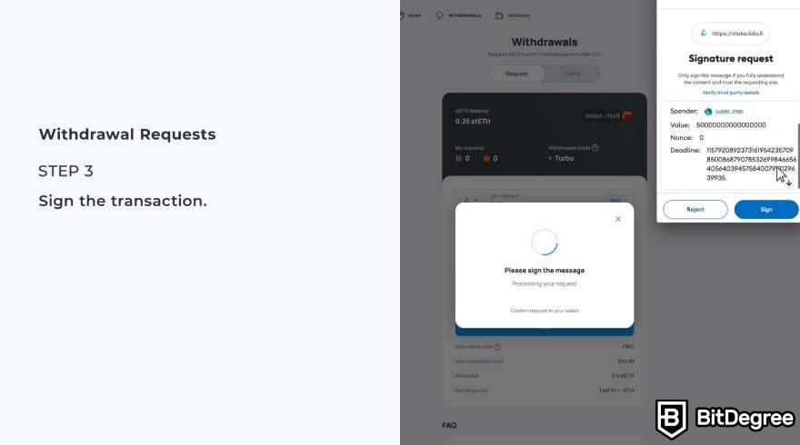 Lido staking: sign the transaction.