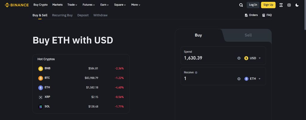 Linea airdrop guide: the ETH buying page on Binance.