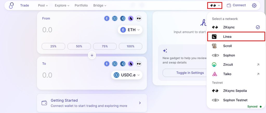 Linea airdrop guide: choosing the Linea network on SyncSwap.