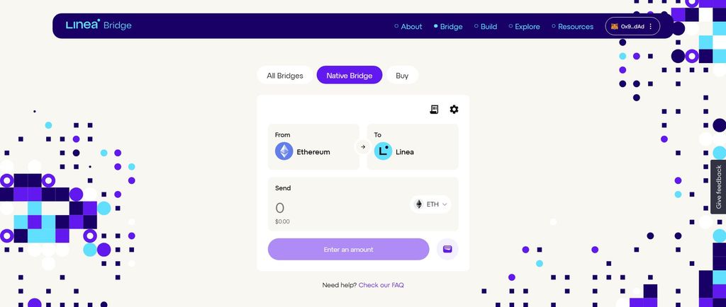 Linea airdrop guide: entering the ETH amount, bridging from Ethereum to Linea on the Native Bridge section.