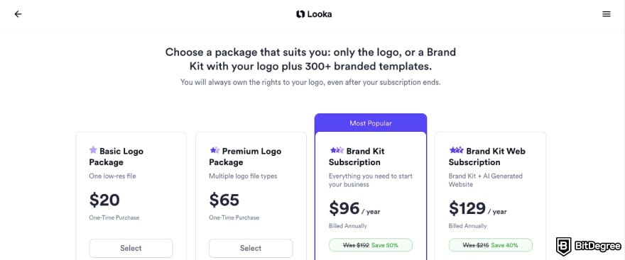 Looka coupon code: Looka's subscription plans.