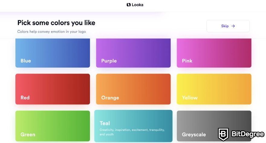 Looka review: Looka asking you to pick some colors you like.