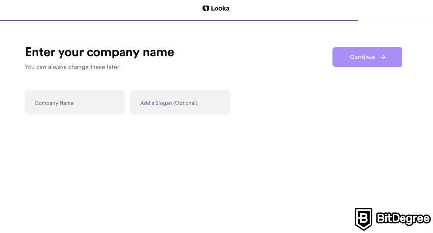 Looka review: Looka asking you to enter your company name.