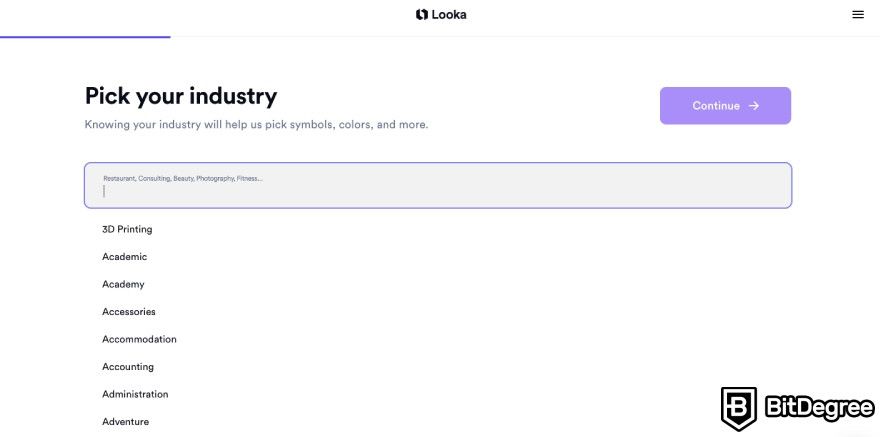 Looka review: Looka asking to pick your industry from a list.