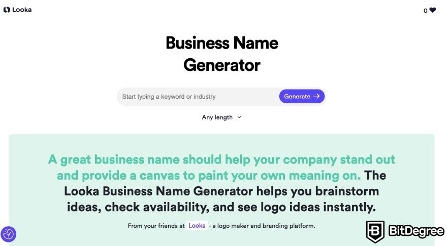 Looka review: Looka's business name generator page.