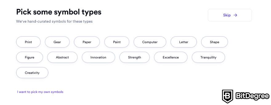 Looka review: Looka asking you to pick some symbol types you like.