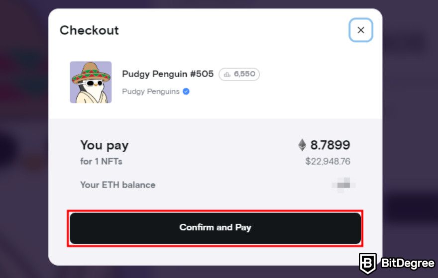 LooksRare review: the Confirm and Pay button.