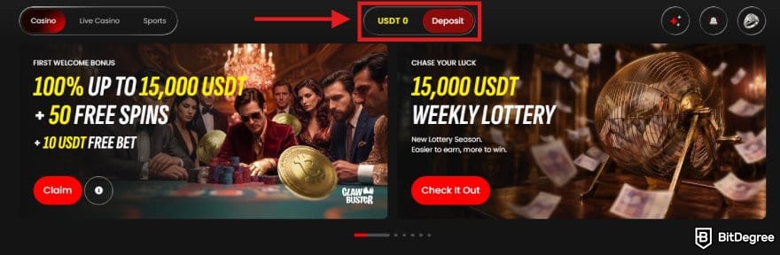 Lucky Rollers casino review: Lucky Rollers homepage with the Deposit button highlighted. Lucky Rollers casino review: Lucky Rollers homepage with the Deposit button highlighted.