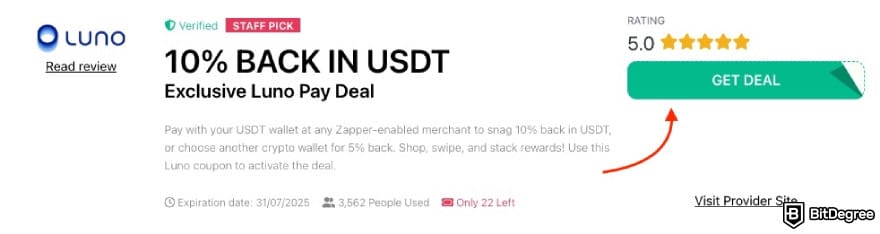 Luno promo code: a red arrow pointing to the [GET DEAL] button on BitDegree's page.