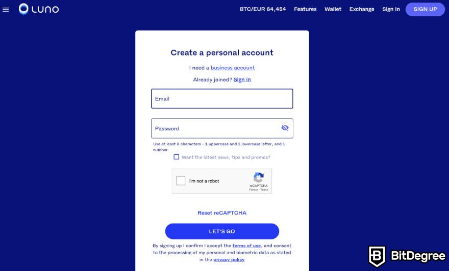 Luno review: account creation window.