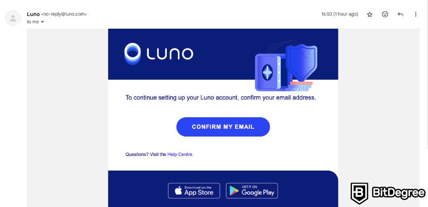 Luno review: email confirmation.