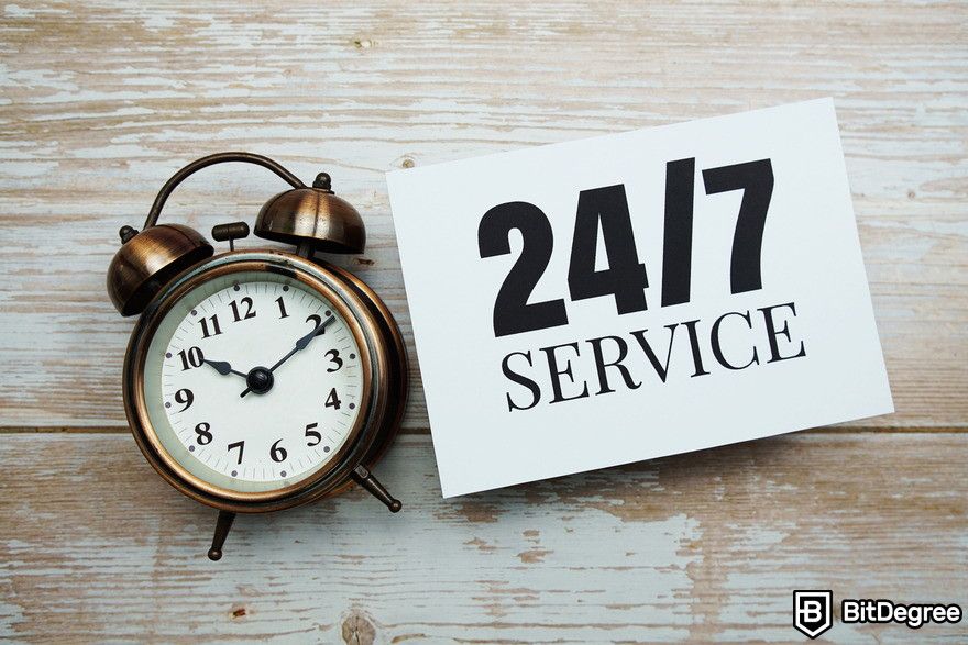 Machine learning vs AI: clock and a sign "24/7 service".