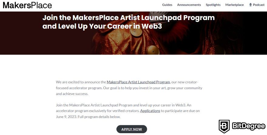 MakersPlace review: MakersPlace's Artist Launchpad Program page.