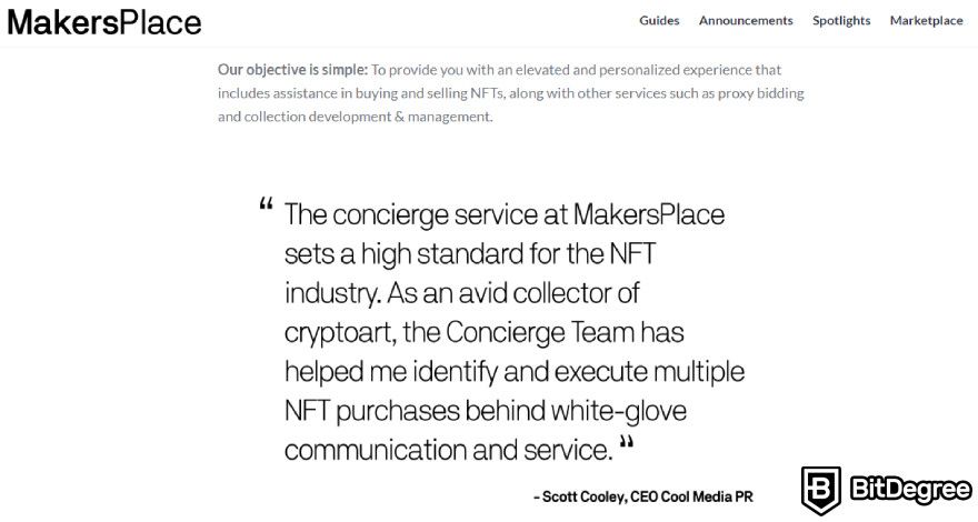 MakersPlace review: MakersPlace's The Concierge Program web page.