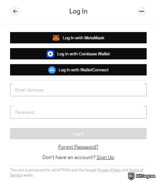 MakersPlace review: the login pop-up window.