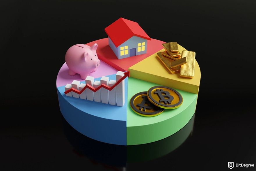 Managing multiple crypto wallets: house, gold bars, bitcoins, stock chart and piggy bank on a multi-colored pie chart.