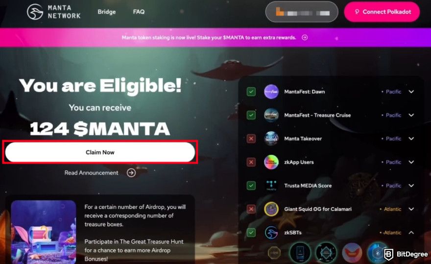 Manta airdrop guide: [Claim Now] button.