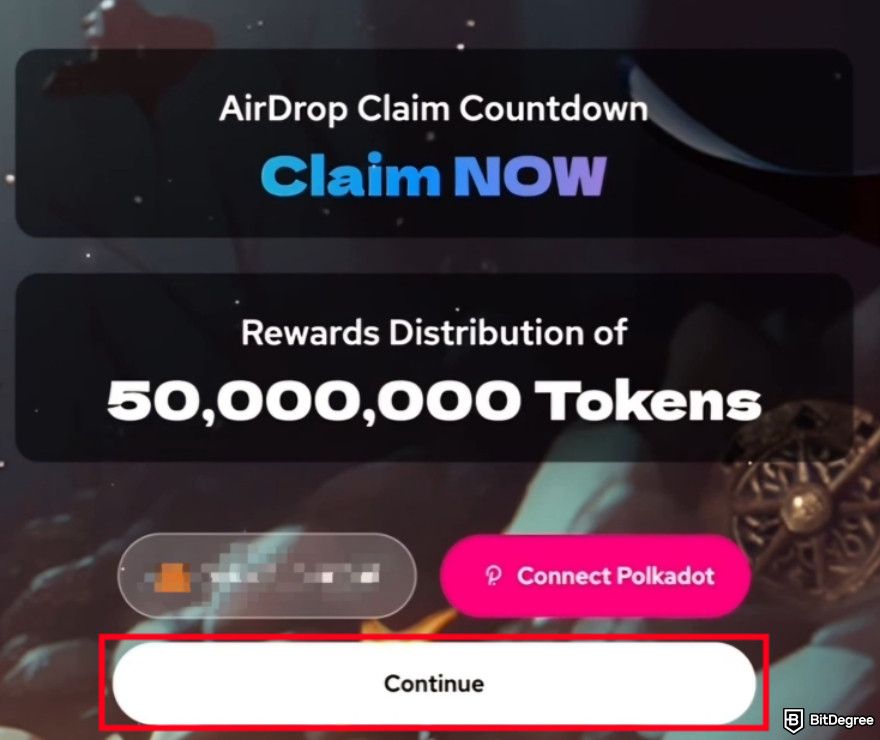 Manta airdrop guide: [Continue] button.