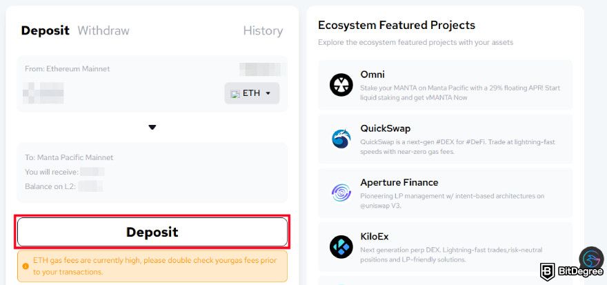 Manta airdrop guide: [Deposit] button.