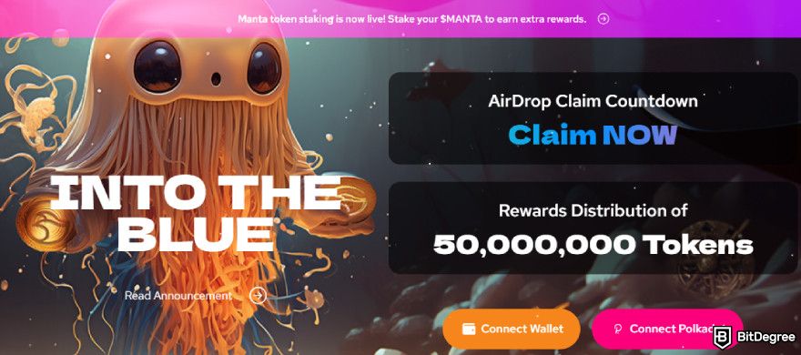 Manta airdrop guide: Into the Blue claim page.