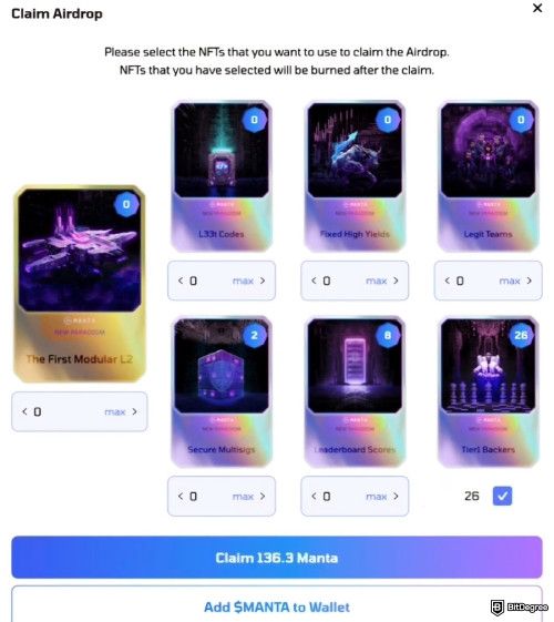 Manta airdrop guide: NFT selection pop-up window.