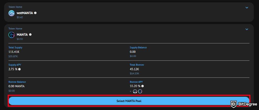 Manta airdrop guide: [Select MANTA pool] button.