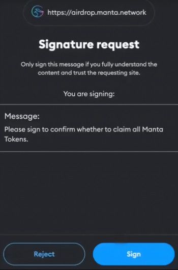 Manta airdrop guide: signature request.