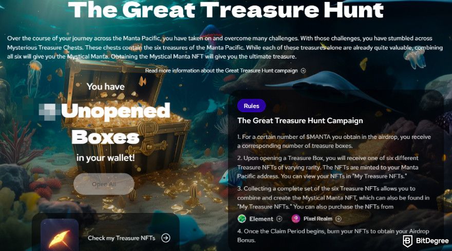 Manta airdrop guide: The Great Treasure Hunt page.