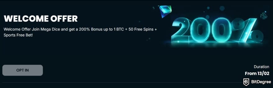 Mega Dice casino review: welcome offer page showing 200% bonus.