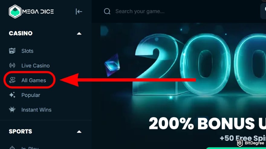 Mega Dice Casino review: click on the [All Games] under the casino menu.