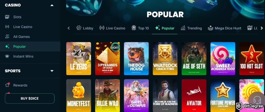 Mega Dice casino review: casino lobby page showing popular slot games.