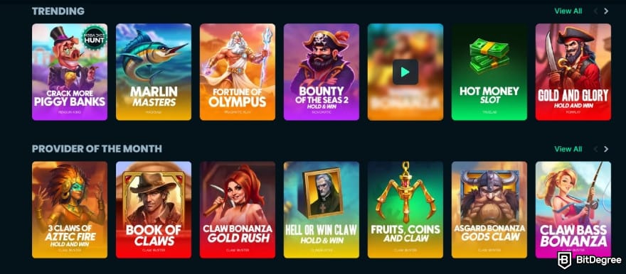 Mega Dice Casino review: casino game lobby showing trending titles.
