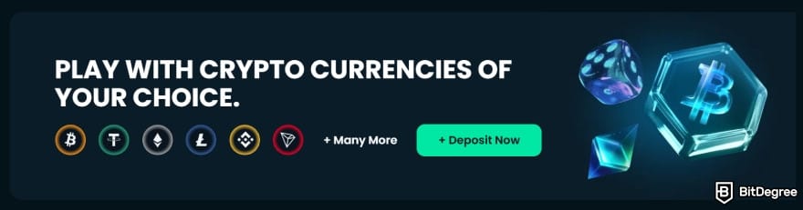 Mega Dice casino review: crypto payment banner showing supported cryptocurrencies.