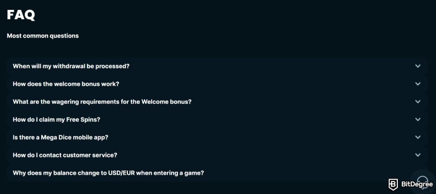 Mega Dice Casino review: the platform's FAQ section.