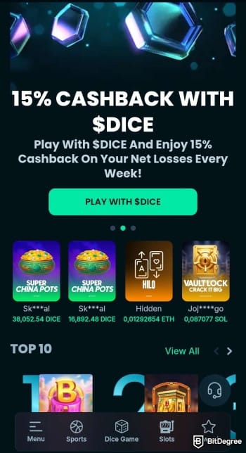 Mega Dice Casino review: the platform's interface on mobile.