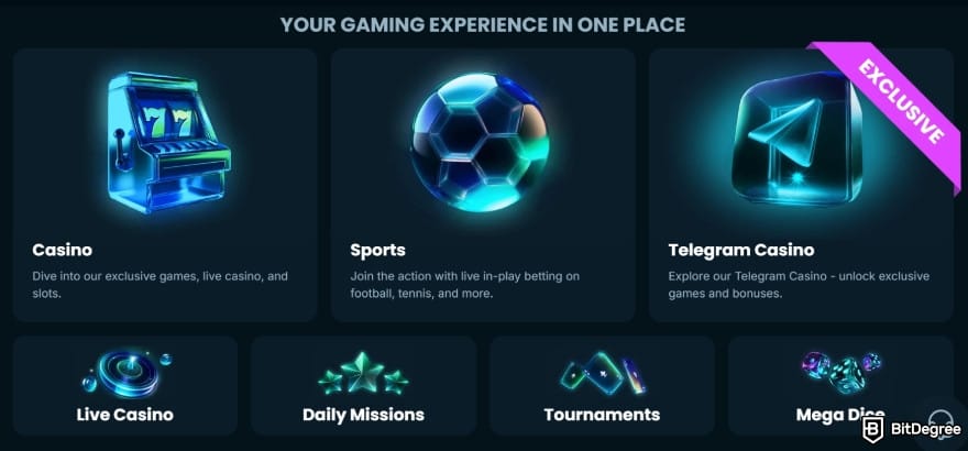 Mega Dice casino review: neon-style homepage section with glowing icons.