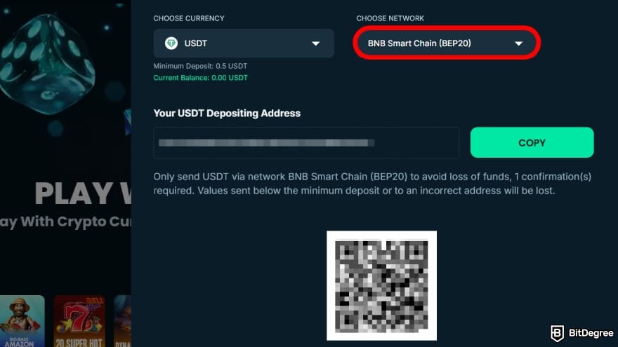 Mega Dice Casino review: choose the network and copy the address.