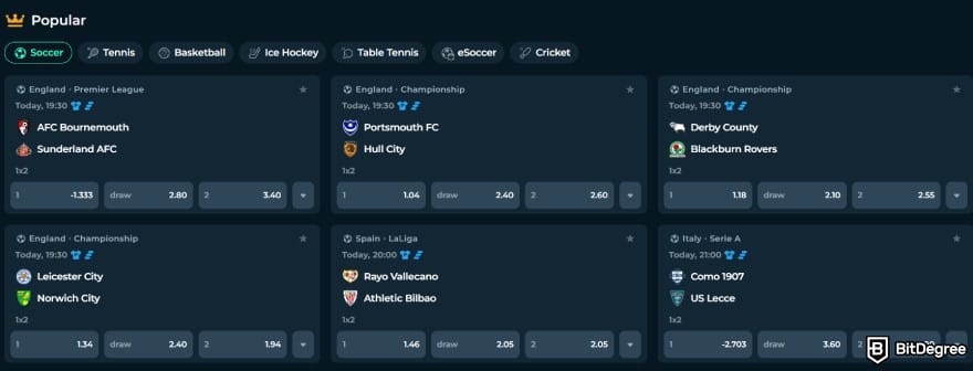 Mega Dice Casino review: popular sports betting page on the platform.