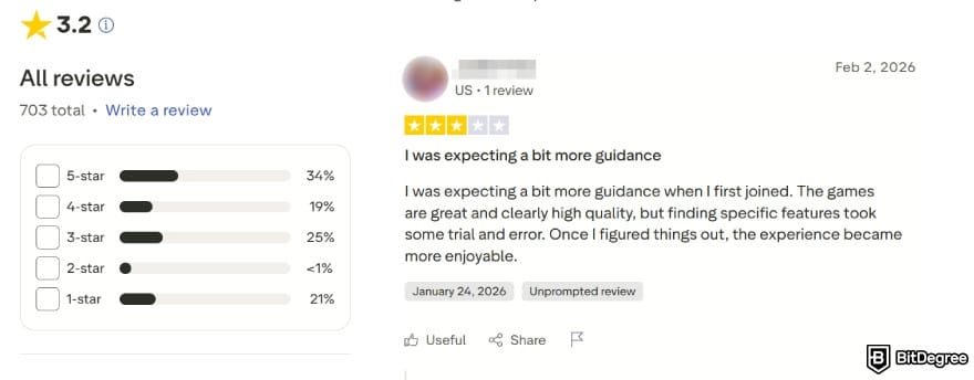 Mega Dice casino review: user review page on Trustpilot.