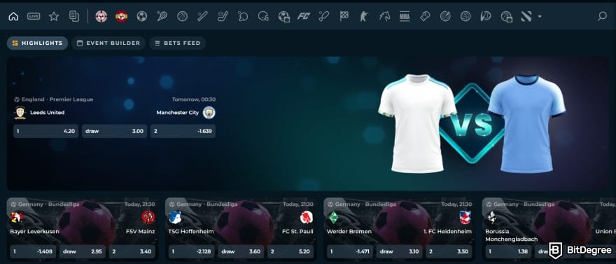 Mega Dice Casino review: sportsbook section on Mega Dice.